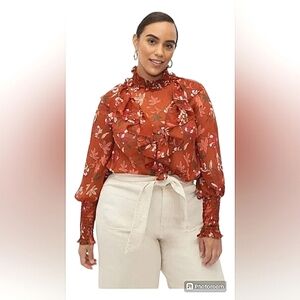 ELOQUII GORGEOUS SPICE BROWN FEMININE FLORAL BOHEMIAN STYLE BLOUSE NWOT SIZE 16